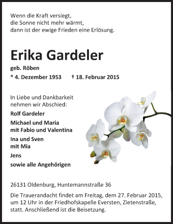 Traueranzeige von Erika Gardeler von Nordwest-Zeitung