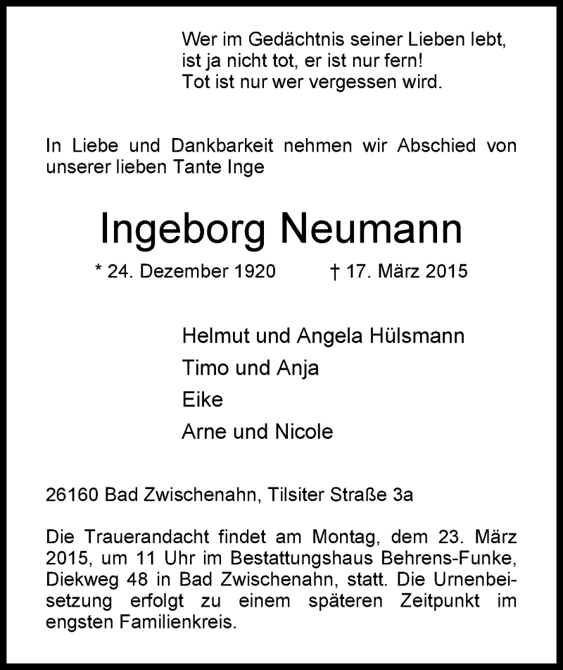  Traueranzeige für Ingeborg Neumann vom 19.03.2015 aus Nordwest-Zeitung