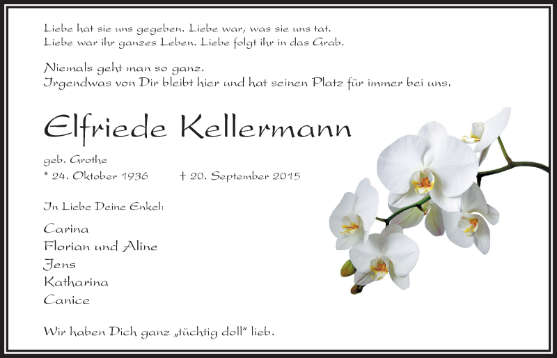  Traueranzeige für Elfriede Kellermann vom 22.09.2015 aus Nordwest-Zeitung