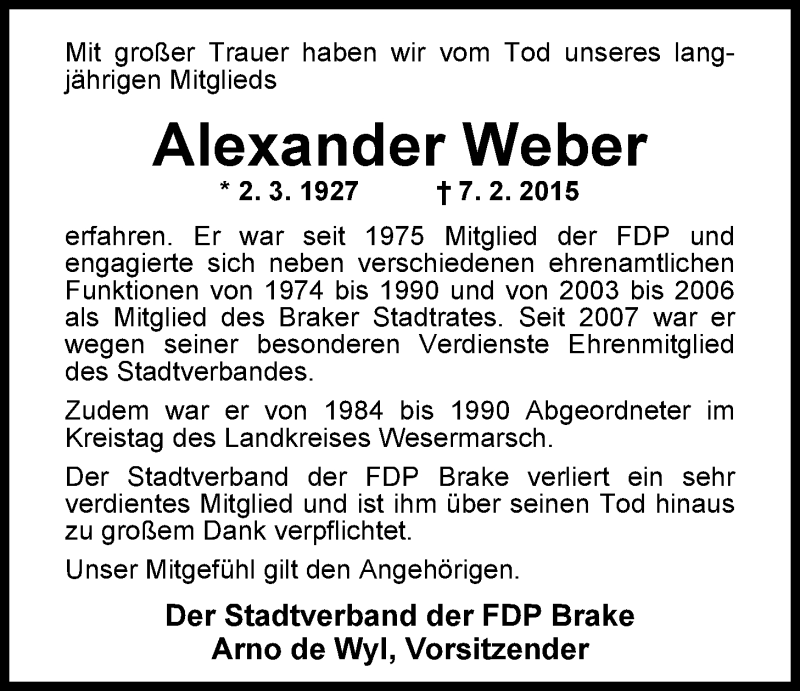  Traueranzeige für Alexander Hermann Hans Weber vom 14.02.2015 aus Nordwest-Zeitung