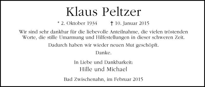  Traueranzeige für Klaus Peltzer vom 28.02.2015 aus Nordwest-Zeitung