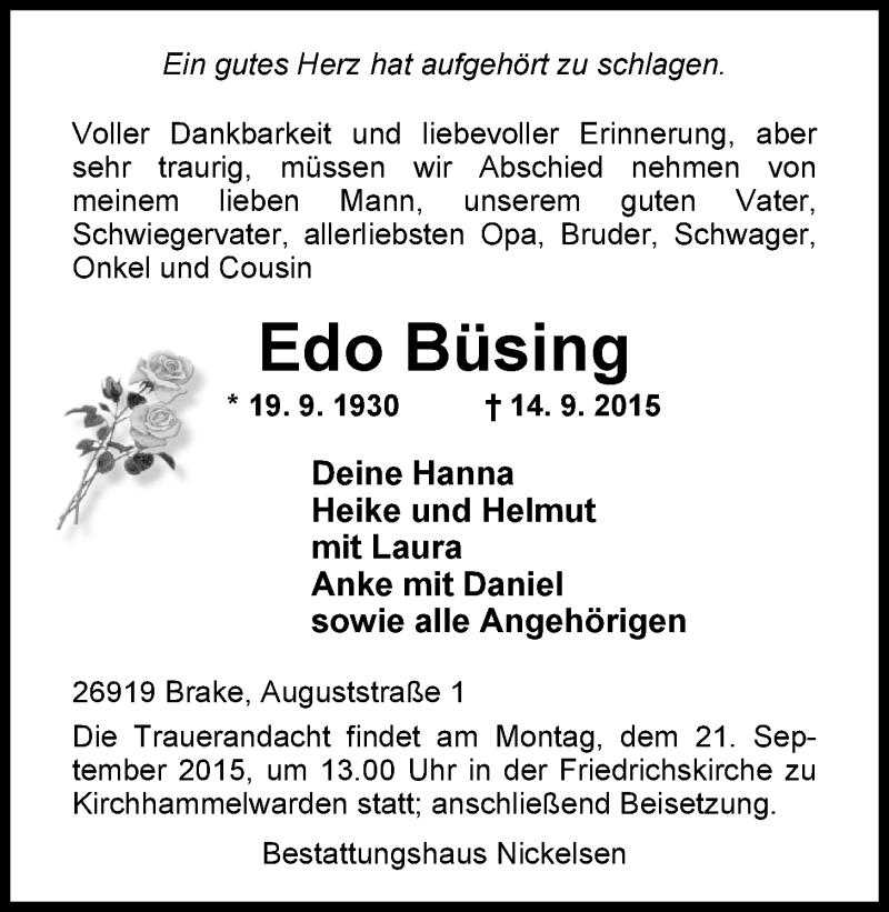  Traueranzeige für Edo Büsing vom 17.09.2015 aus Nordwest-Zeitung