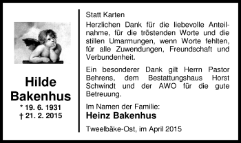 Traueranzeige von Hilde Bakenhus von Nordwest-Zeitung