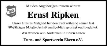 Traueranzeige von Ernst Ripken von Nordwest-Zeitung