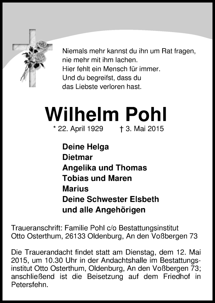  Traueranzeige für Wilhelm Pohl vom 09.05.2015 aus Nordwest-Zeitung