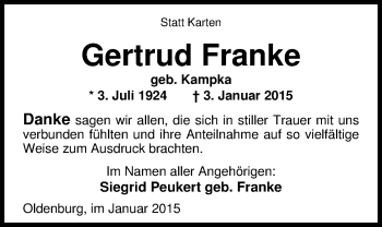 Traueranzeige von Gertrud Franke von Nordwest-Zeitung