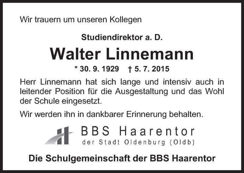  Traueranzeige für Walter Linnemann vom 11.07.2015 aus Nordwest-Zeitung