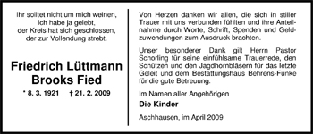 Traueranzeige von Friedrich Brooks Fied Lüttmann von Nordwest-Zeitung
