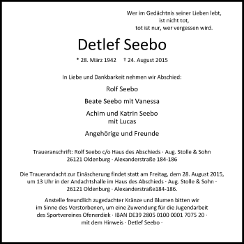 Traueranzeige von Detlef Seebo von Nordwest-Zeitung