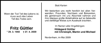 Traueranzeige von Fritz Güttler von Nordwest-Zeitung