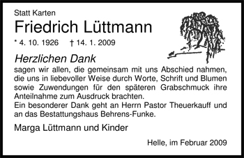 Traueranzeige von Friedrich Brooks Fied Lüttmann von Nordwest-Zeitung