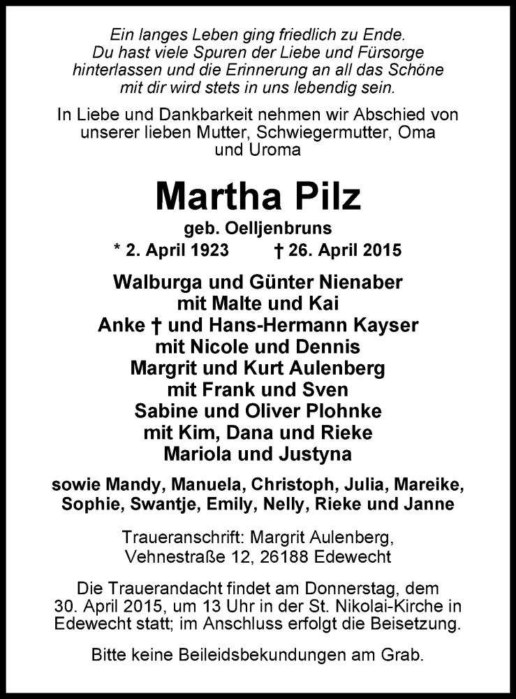  Traueranzeige für Martha Pilz vom 28.04.2015 aus Nordwest-Zeitung