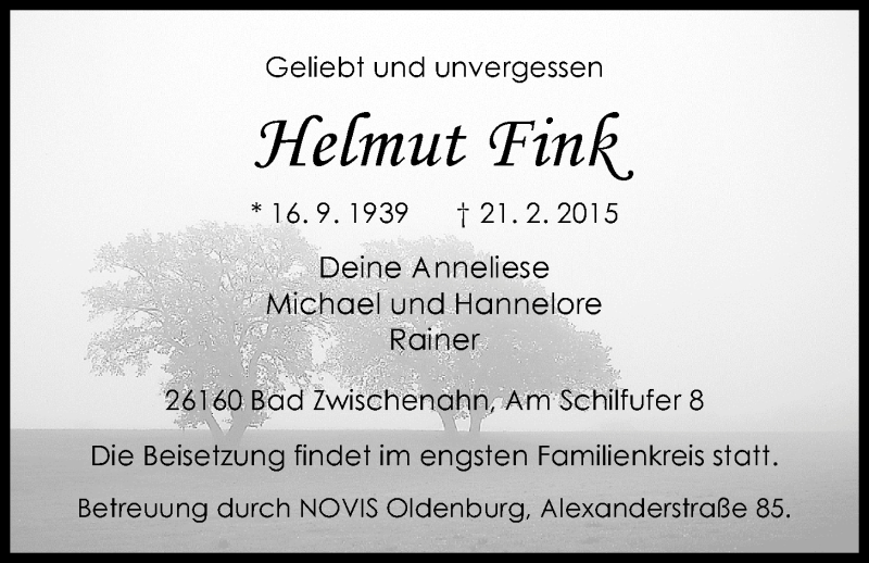  Traueranzeige für Helmut Fink vom 28.02.2015 aus Nordwest-Zeitung