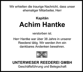 Traueranzeige von Achim Hantke von Nordwest-Zeitung