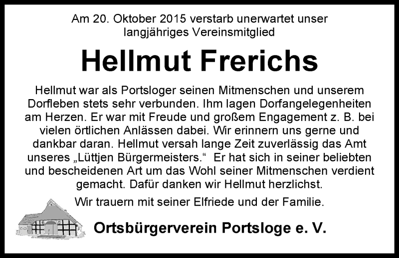  Traueranzeige für Hellmut Frerichs vom 24.10.2015 aus Nordwest-Zeitung