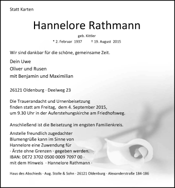 Traueranzeige von Hannelore Rathmann von Nordwest-Zeitung
