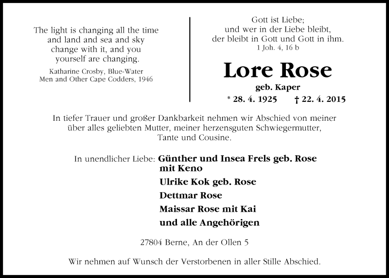  Traueranzeige für Lore Rose vom 24.04.2015 aus Nordwest-Zeitung