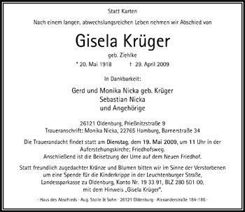 Traueranzeige von Gisela Krüger von Nordwest-Zeitung