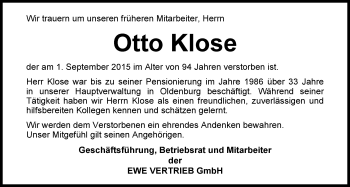 Traueranzeige von Otto Klose von Nordwest-Zeitung