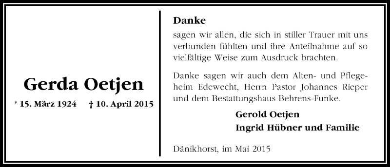  Traueranzeige für Gerda Oetjen vom 09.05.2015 aus Nordwest-Zeitung