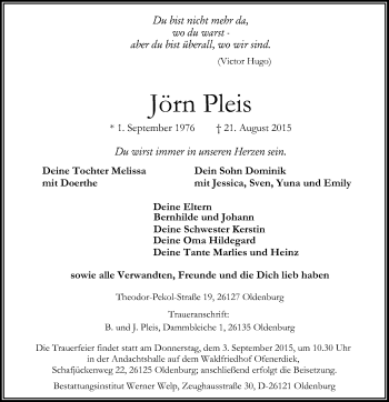 Traueranzeige von Jörn Pleis von Nordwest-Zeitung