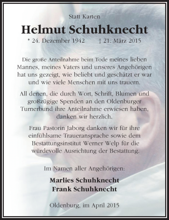 Traueranzeige von Helmut Schuhknecht von Nordwest-Zeitung