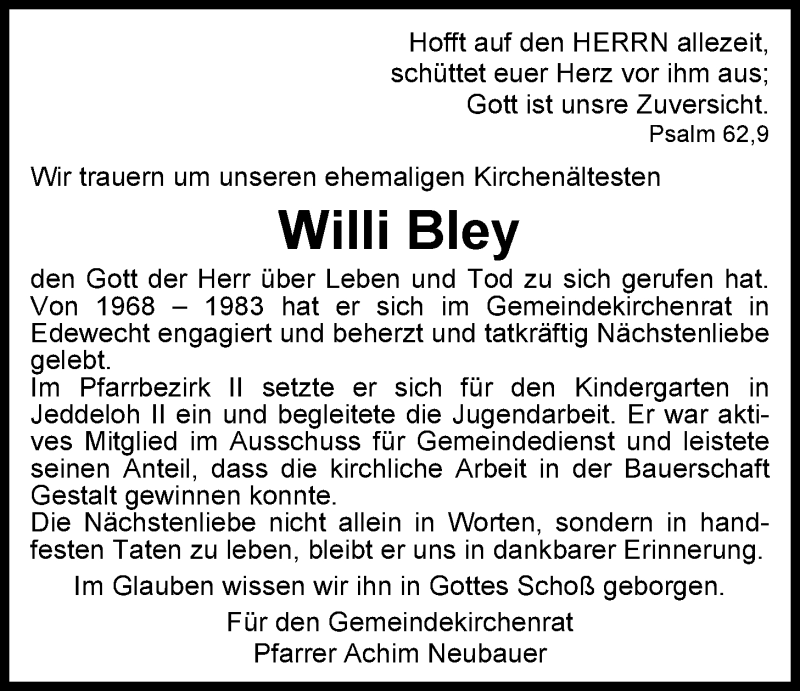  Traueranzeige für Willy Bley vom 02.09.2015 aus Nordwest-Zeitung