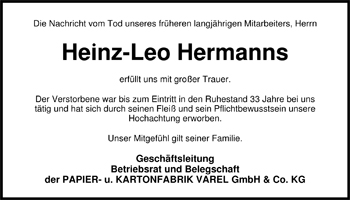 Traueranzeige von Heinz-Leo Hermanns von Nordwest-Zeitung