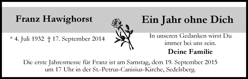  Traueranzeige für Franz Hawighorst  vom 17.09.2015 aus Nordwest-Zeitung
