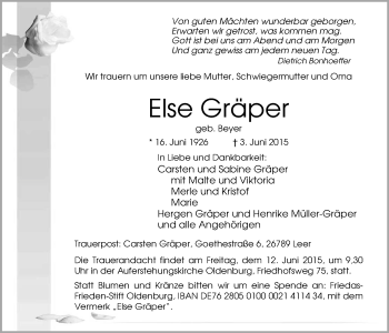 Traueranzeige von Else Gräper von Nordwest-Zeitung