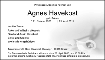Traueranzeige von Agnes Havekost von Nordwest-Zeitung