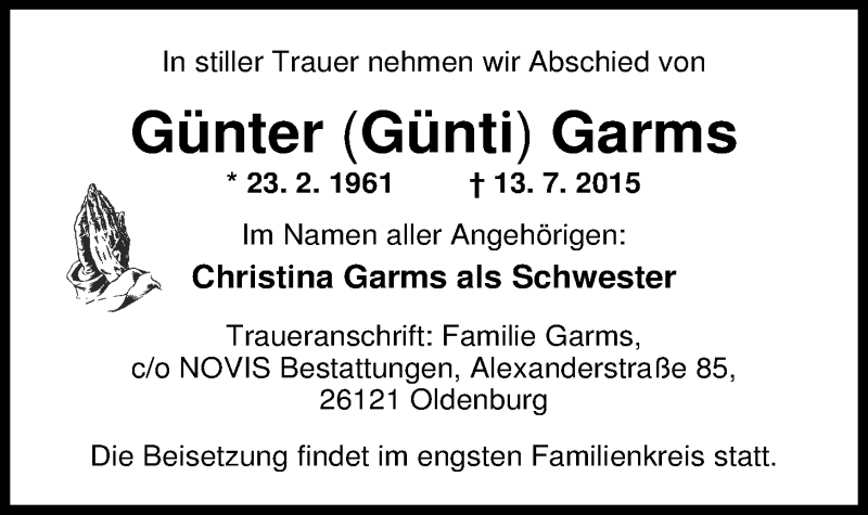  Traueranzeige für Günter Garms vom 17.07.2015 aus Nordwest-Zeitung