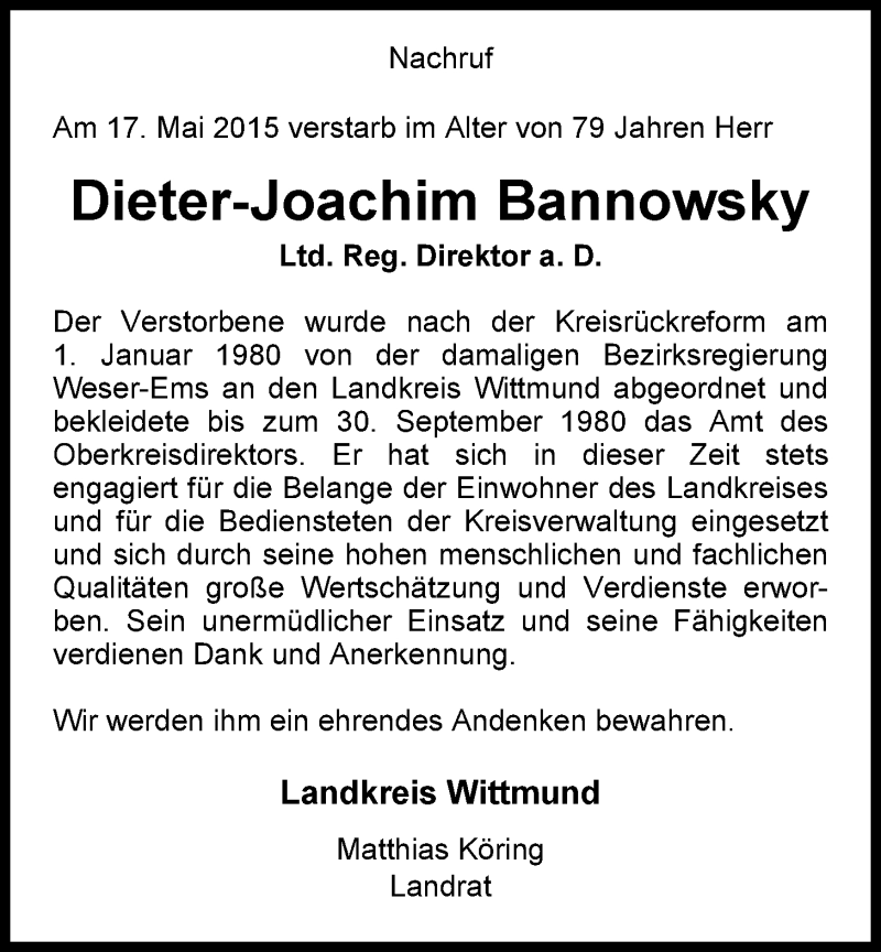  Traueranzeige für Dieter-Joachim Bannowsky vom 27.05.2015 aus Nordwest-Zeitung