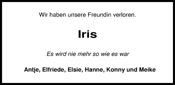 Traueranzeige von Iris Wehming von Nordwest-Zeitung