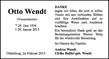 Traueranzeige von Otto Wendt von Nordwest-Zeitung