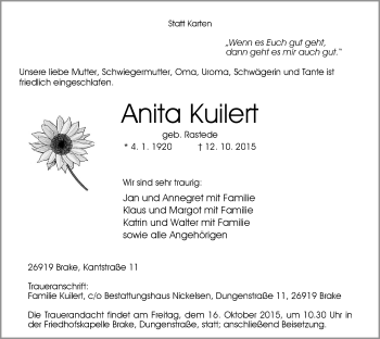 Traueranzeige von Anita Kuilert von Nordwest-Zeitung