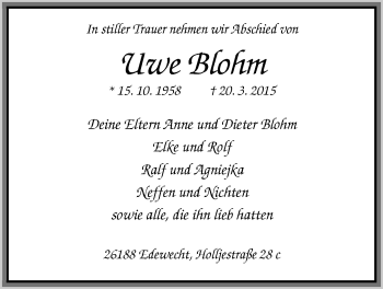 Traueranzeige von Uwe Blohm von Nordwest-Zeitung