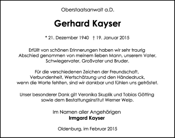 Traueranzeige von Gerhard Kayser von Nordwest-Zeitung