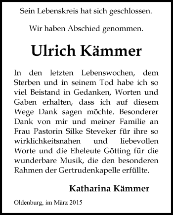 Traueranzeige von Ulrich Kämmer von Nordwest-Zeitung