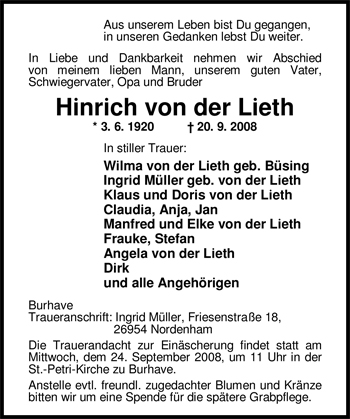 Traueranzeige von Hinrich von der Lieth von Nordwest-Zeitung