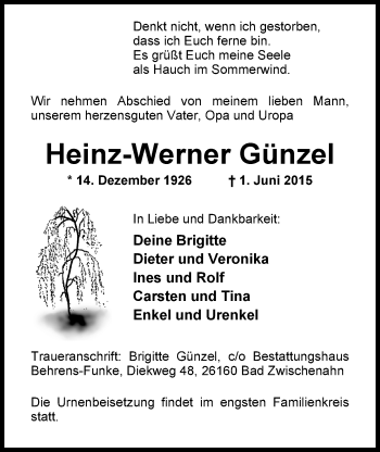 Traueranzeige von Heinz-Werner Günzel von Nordwest-Zeitung