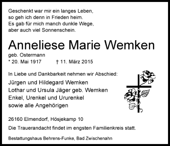 Traueranzeige von Anneliese Marie Wemken von Nordwest-Zeitung