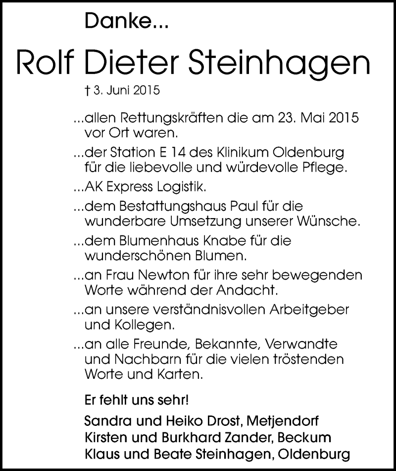  Traueranzeige für Rolf Dieter Steinhagen vom 03.07.2015 aus Nordwest-Zeitung