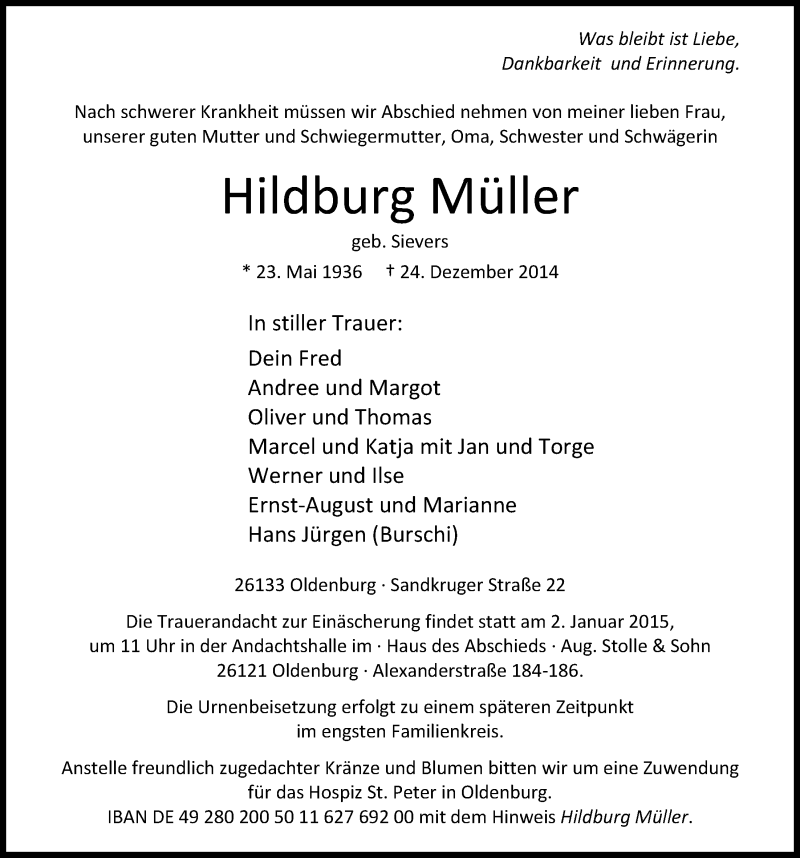  Traueranzeige für Hildburg Müller vom 27.12.2014 aus Nordwest-Zeitung