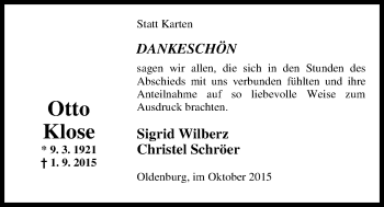 Traueranzeige von Otto Klose von Nordwest-Zeitung