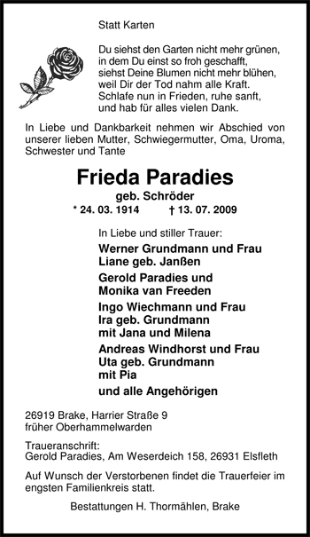 Traueranzeige von Frieda Paradies von Nordwest-Zeitung