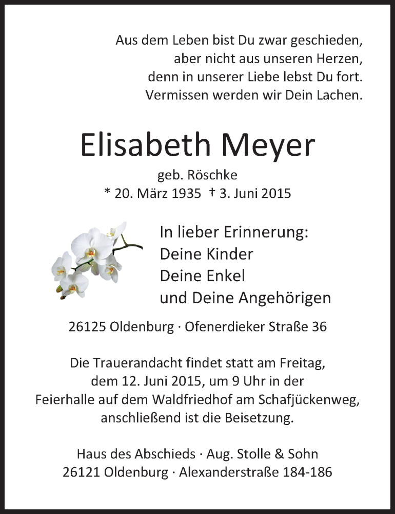  Traueranzeige für Elisabeth Meyer vom 09.06.2015 aus Nordwest-Zeitung