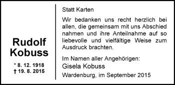 Traueranzeige von Rudolf Kobuss von Nordwest-Zeitung