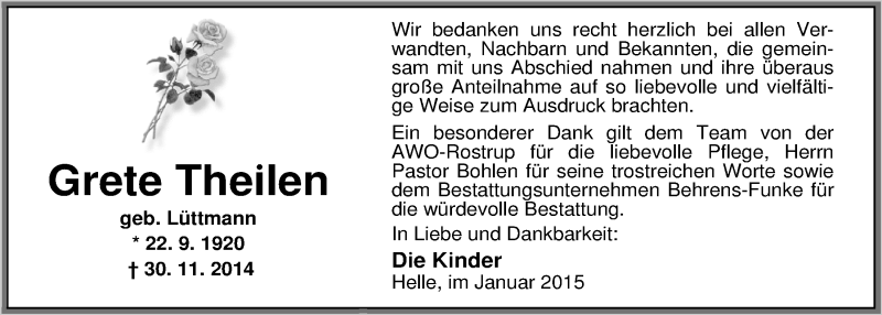  Traueranzeige für Grete Theilen vom 15.01.2015 aus Nordwest-Zeitung