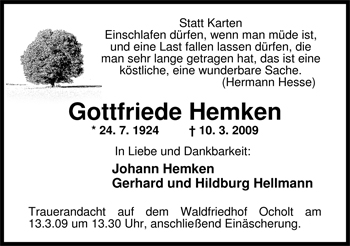 Traueranzeige von Gottfriede Hemken von Nordwest-Zeitung